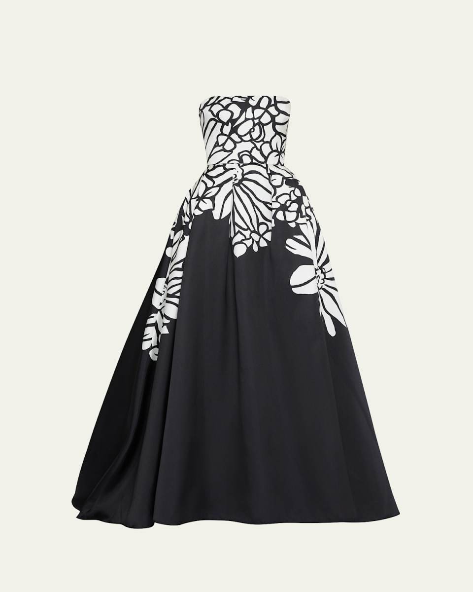 Long Printed Mikado Strapless Gown